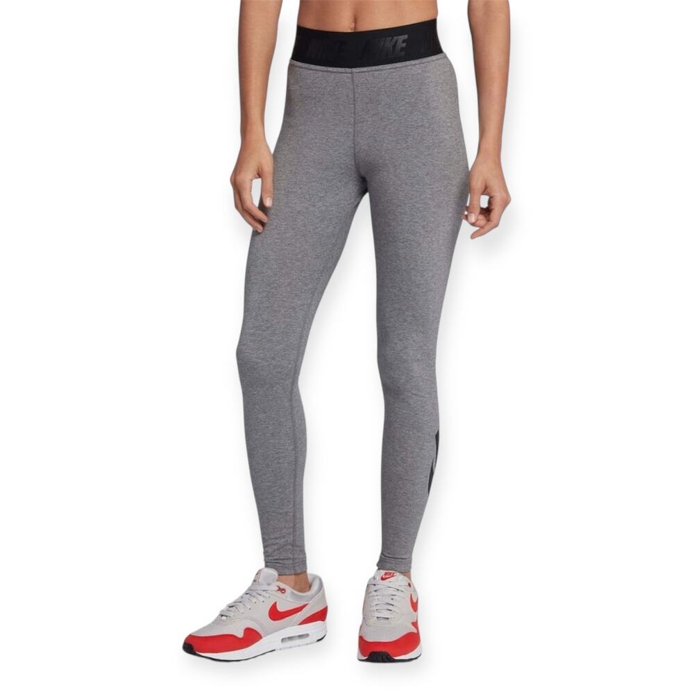 Nike Gray Grey Full Length Tight Fit Leggings Black Swoosh Logo Size Small